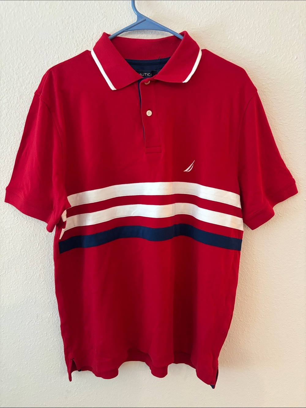 Nautica Red Polo with White and Navy Stripes